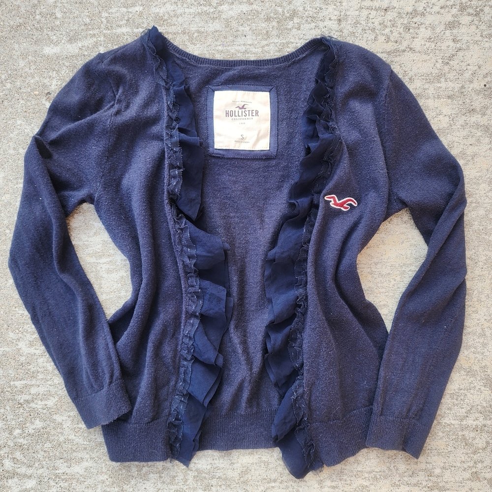 Hollister‎ Navy Blue Open-Front Cardigan with Ruffle Details Y2K 2000s, Fits XXS